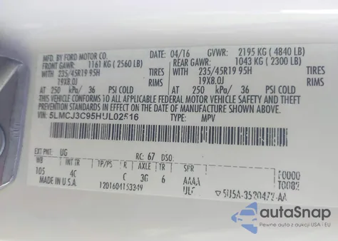 2017 Lincoln Mkc Reserve z USA, uszkodzony, nr VIN 5LMCJ3C95HUL02516